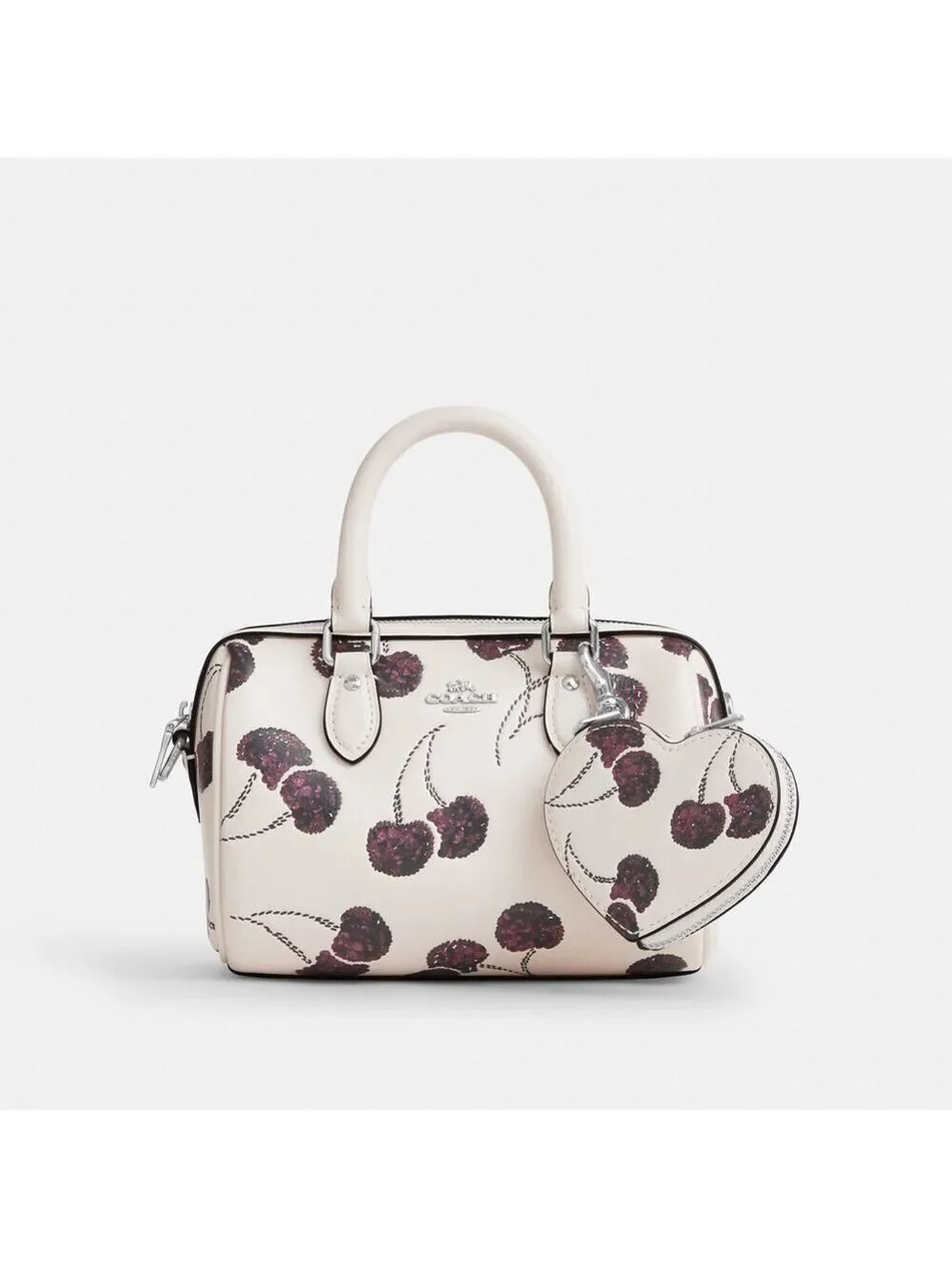 NEW Coach White Cherry Print Heart Bag Charm Coin Case CDB55 with dust bag NWT
